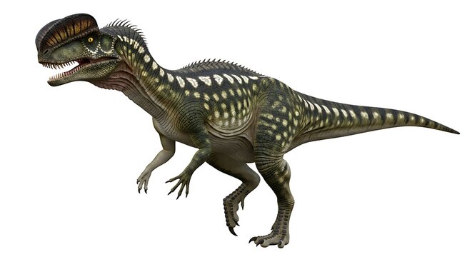 Detailed illustration of a bipedal dinosaur with a prominent head crest and spotted skin patterns, depicted against a white background.