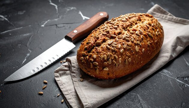 Loaf of sunflower seed bread, with serrated knife on a dark textured background