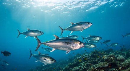 Fototapeta premium Tuna Swimming in Ocean – Marine Ecosystem and Conservation. A stunning underwater view of tuna in its natural habitat, emphasizing marine biodiversity and the importance of ocean conservation.