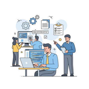 Business IT Team Working on New System Setup Illustration: Software Development and Project Management Concept