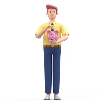 Man placing a coin in a piggy bank