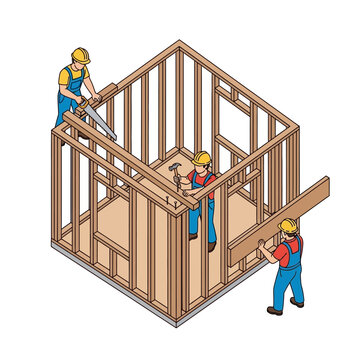 Isometric Wood House Construction Scene with Workers, Carpentry and Building Industry Concept Vector Illustration