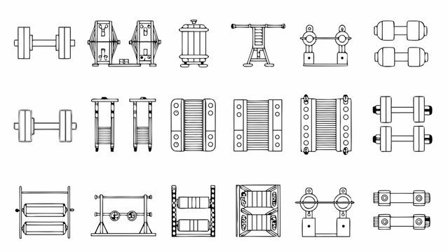 Technical drawings of various mechanical components and structural elements