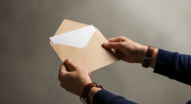 Hands holding an open envelope with papers inside close up view