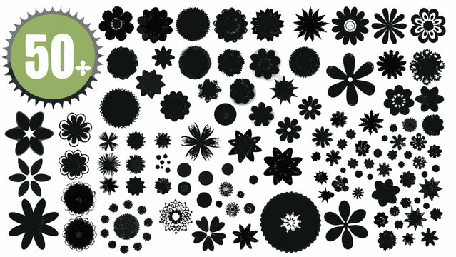 Collection of diverse black floral silhouettes and a green 50 badge