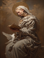 Fototapeta premium Sacred Woman with Dove and Holy Book – AI Generative