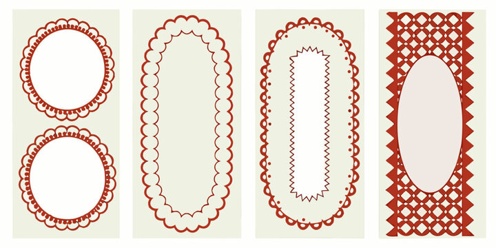 Four decorative frames with ornate red borders on a pale background
