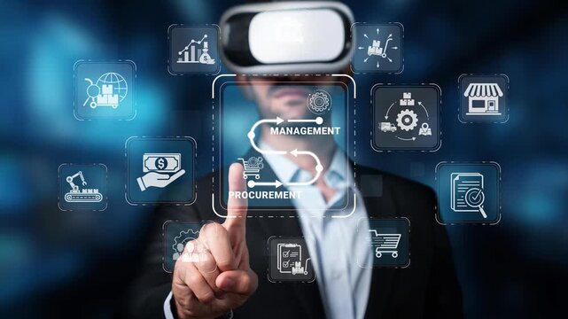 Business professional using virtual reality headset to manage procurement processes with digital icons in a modern office environment Sigmoid