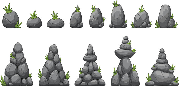 Cartoon stone rock set with grass nature elements collection different shapes stacked rocks vector illustration isolated