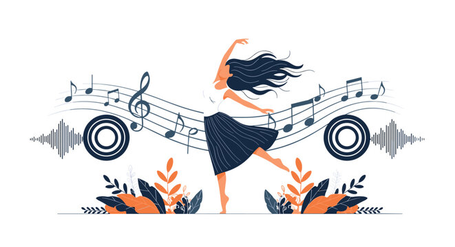 Gracious woman dancing alone surrounded by a swirl of musical notes and stylized leaves expressing artistic freedom and harmony.