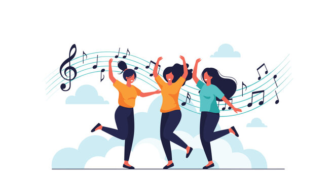Three joyful women dancing together in the sky with clouds and a stream of musical notes celebrating friendship and good vibes.