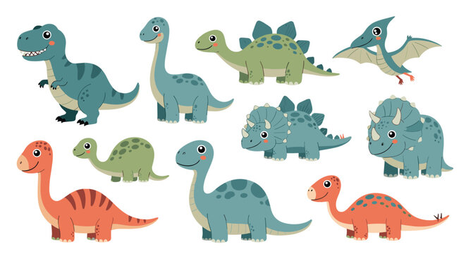 Diverse collection of colorful cartoon dinosaurs including t-rex triceratops and brontosaurus for children books and education.