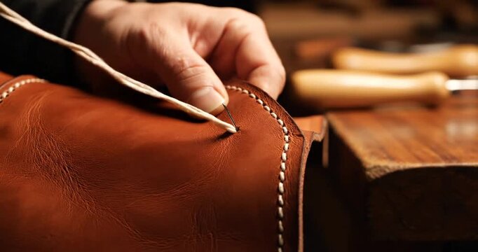 Hands stitching brown leather craft.