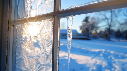 Fototapeta premium Frosty Window Pane Capturing Sunlight with Icicles and Snowy Landscape in Winter Season