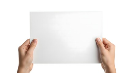 Fototapeta premium Hands holding a blank white paper sheet isolated on white background