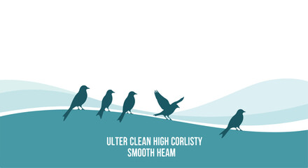 Obraz premium Minimalist bird silhouettes on teal landscape, five wild birds perched on wavy horizon, clean vector illustration for nature background