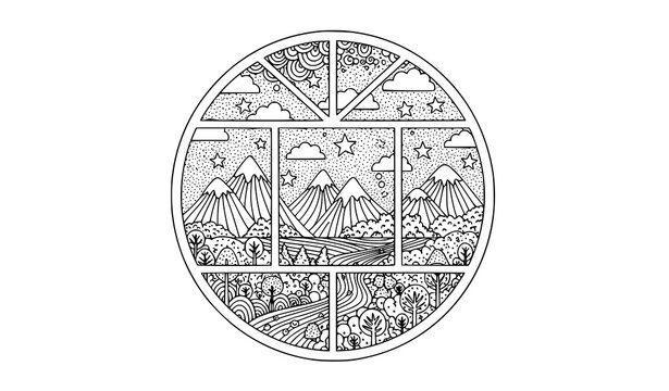Intricate doodle landscape in round window detailed adult coloring page fantasy vector illustration