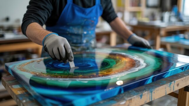 Artist creating abstract resin art with swirling colors and metallic flakes