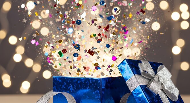 Blue gift boxes with silver bows and colorful confetti exploding