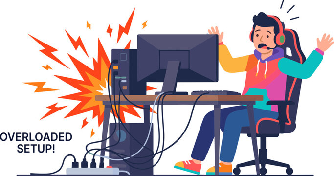 Overloaded computer setup causes frustrated gamer to react wildly at desk