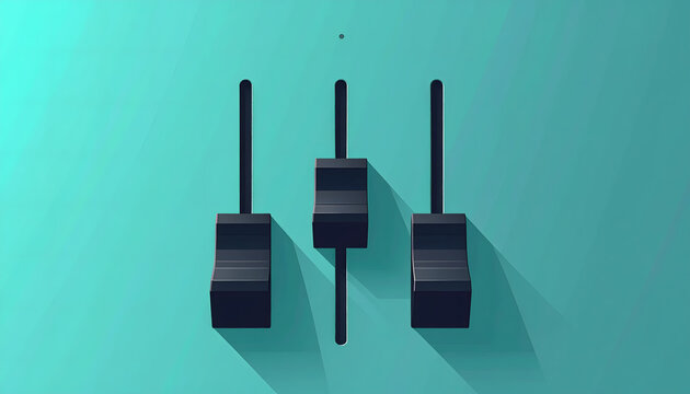 Three vertical faders in black and silver on teal background representing the technical mastery and sound balance of a concert generative AI