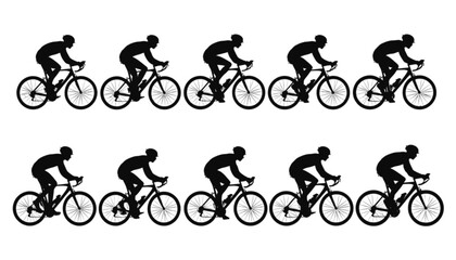 Obraz premium Cyclists riding racing bikes are arranged in two rows to illustrate the speed and endurance of professional athletes competing in a high performance road cycling event on a clean white background.