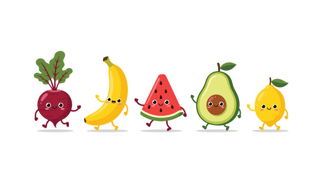 Selection of cheerful cartoon characters representing different fruits and vegetables like a beet banana and avocado walking in a row.