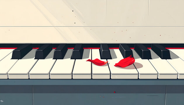 Piano key with a single red rose petal on a white surface representing the soulful craft of piano led ballads generative AI