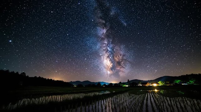 A night sky shot captures the Milky Way galaxy arching over a landscape of dark trees, a village, and rice fields. The Milky Way is prominent