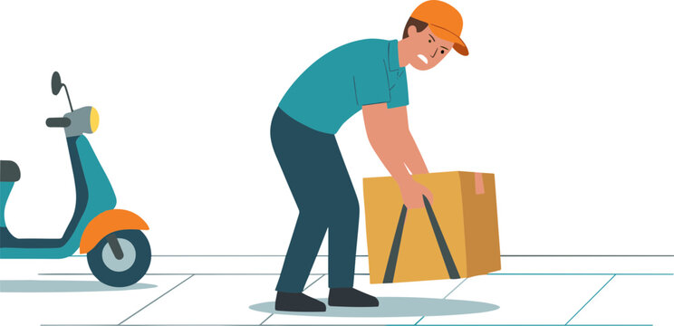 A delivery person picking up a box beside a scooter on the sidewalk.