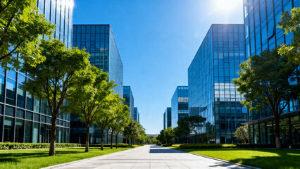 Obraz premium Modern glass office buildings in a vibrant urban business district. Sleek architecture, green landscapes, and a clear blue sky. High-contrast dynamic shot of a contemporary corporate environment