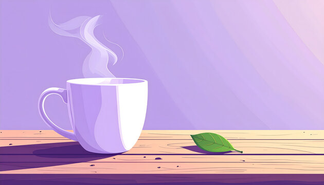 Mug of tea on a wooden table with a floating green leaf on lavender background capturing the harvest reward essence generative AI