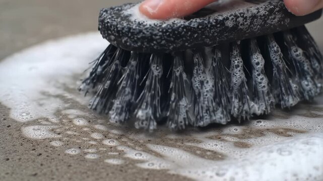 Scrubbing a stone surface with a black brush and soapy foam. Thick white lather covers the textured pavement during deep cleaning. Professional maintenance concept ideal for cleaning service ads.