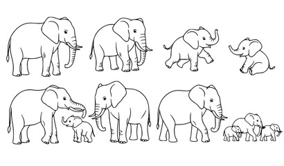 Elephant family line art set with mother father baby herd poses thin outline linear vector illustration isolated on white © Mdsabbir