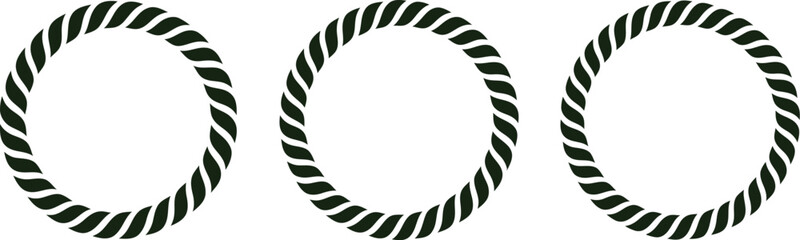 Set of three circular rope frames with black twisted cord borders isolated on white background for nautical and maritime design. © Sumaiya