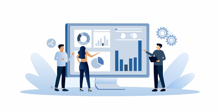 Team analyzes data and charts on a large computer screen