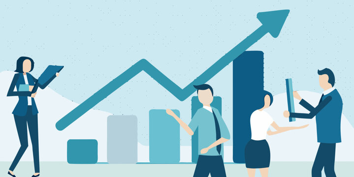 Business professionals analyzing growth charts and discussing positive results