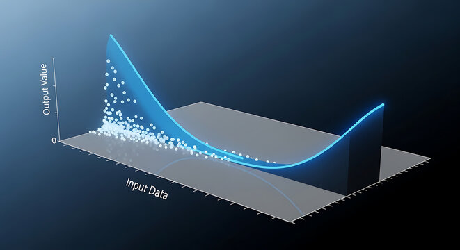 A 3D graph visualization with a blue curve and white data points on a dark background