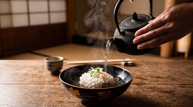 Pouring hot dashi broth over hamo conger eel in elegant Japanese lacquerware bowl