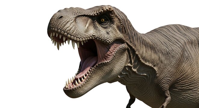Close-up detailed view of a Tyrannosaurus Rex head with its mouth open, showcasing sharp teeth and scaly skin, isolated on a white background.