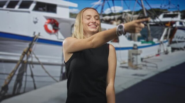 Woman points finger to boat at marina while smiling and extending bare forearm, wearing black sleeveless top and watch; joy exploration.