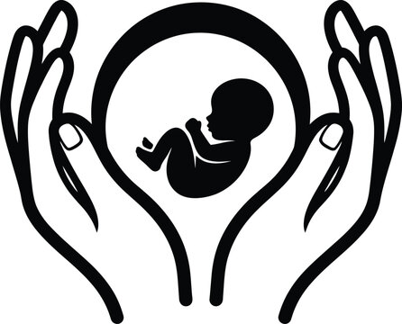 Hands gently cradling a fetal silhouette within a protective circle