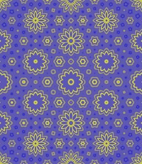 Fototapeta premium A blue and yellow flower pattern. The blue is the background and the yellow is the flowers. There are many flowers in the pattern