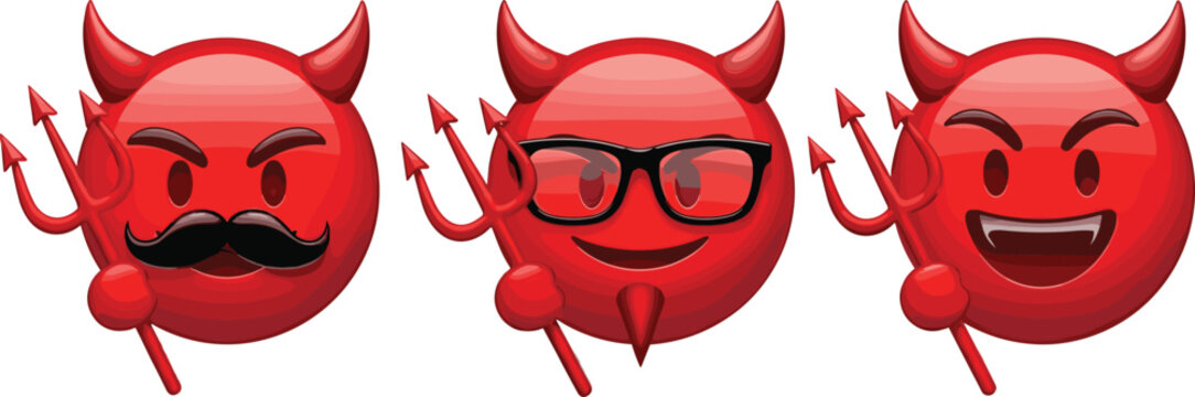 Red devil emoji characters set with horns trident and different facial expressions glossy cartoon style vector illustration