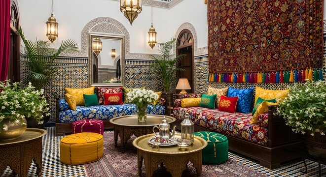 Ornate Moroccan Living Room With Vibrant Colorful Sofas And Decorative Poufs And Intricate Tile Work