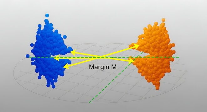 A 3D scatter plot visualization of two clusters with a margin separating them