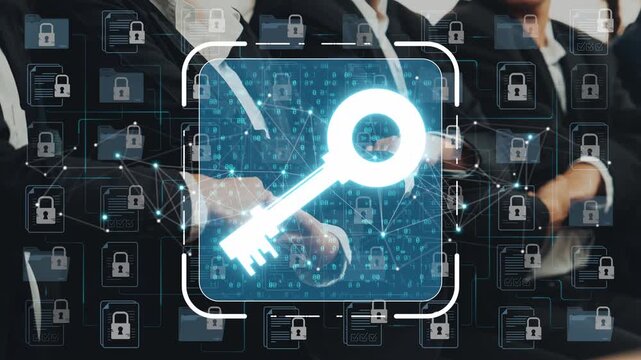 Digital Security Concept with Key Symbol in Front of Business Team and Lock Icons Representing Data Protection and Access Control in Modern Technology Landscape Sigmoid