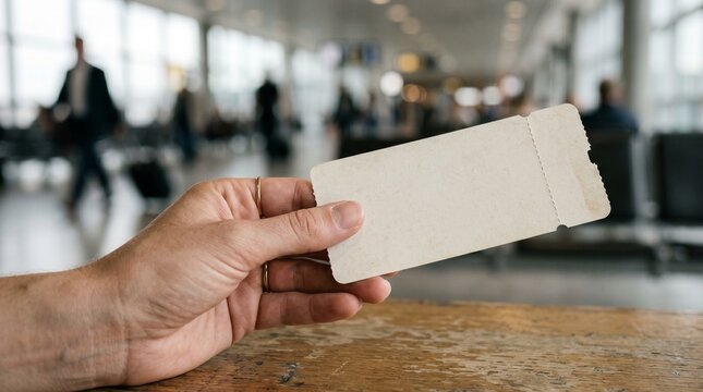 Hand holding blank travel ticket at station with copy space. Concept of journey beginning, travel planning, and anticipation of new experiences.