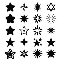Obraz premium An isolated vector silhouette sheet with 20 distinct and creative variations of a single shape a star. eps