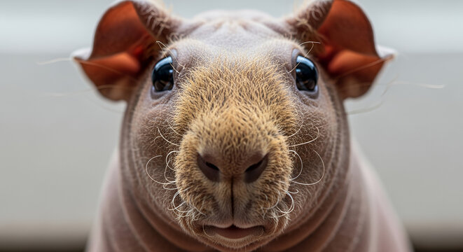 Hairless guinea pig with curious expression in soft lighting